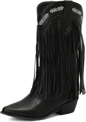Meefit Women Fringe Cowboy Boots Square Toe Mid Calf Embroidered Western Boots,Tassel Cowgirl Boots Stacked Heel Retro Boots