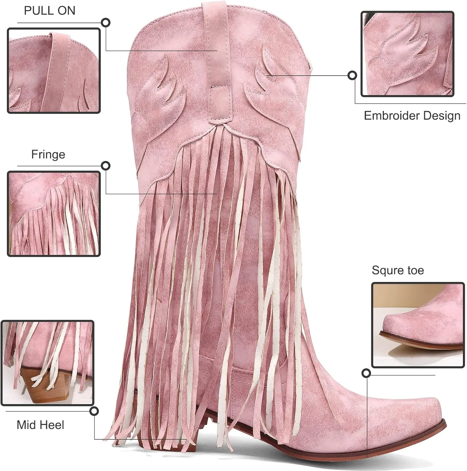 Meefit Women Fringe Cowboy Boots Square Toe Mid Calf Embroidered Western Boots,Tassel Cowgirl Boots Stacked Heel Retro Boots