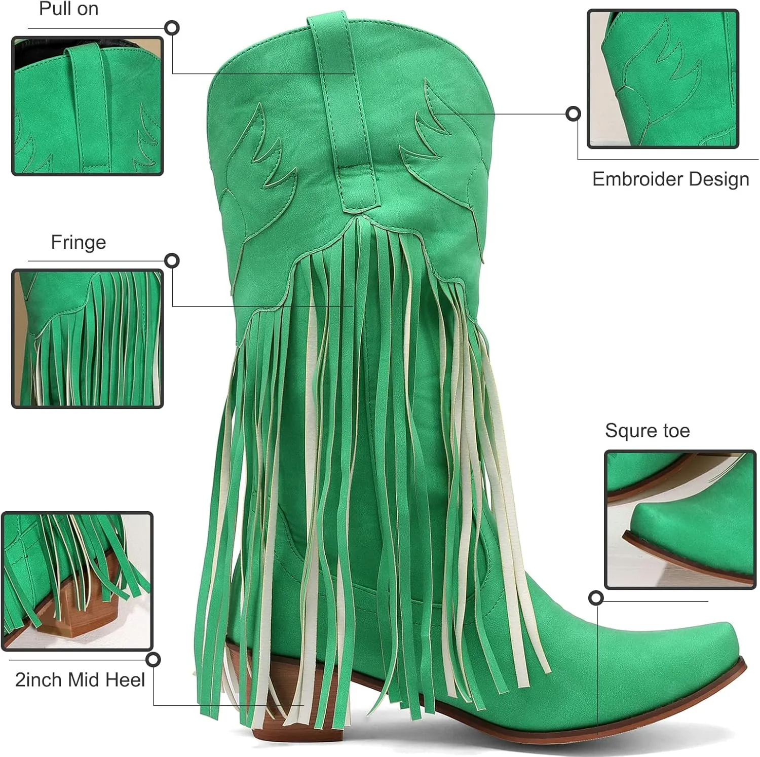Meefit Women Fringe Cowboy Boots Square Toe Mid Calf Embroidered Western Boots,Tassel Cowgirl Boots Stacked Heel Retro Boots