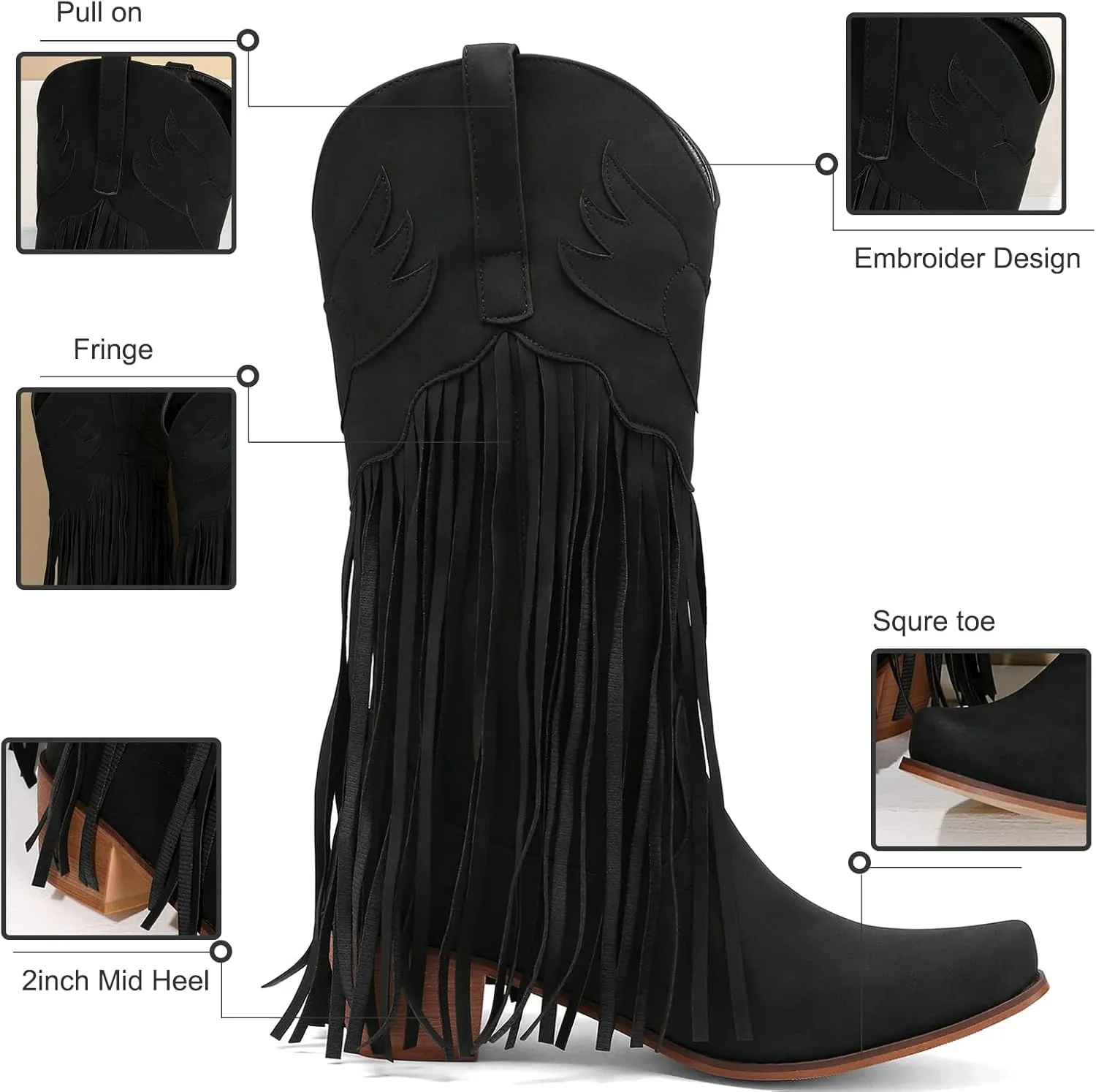 Meefit Women Fringe Cowboy Boots Square Toe Mid Calf Embroidered Western Boots,Tassel Cowgirl Boots Stacked Heel Retro Boots