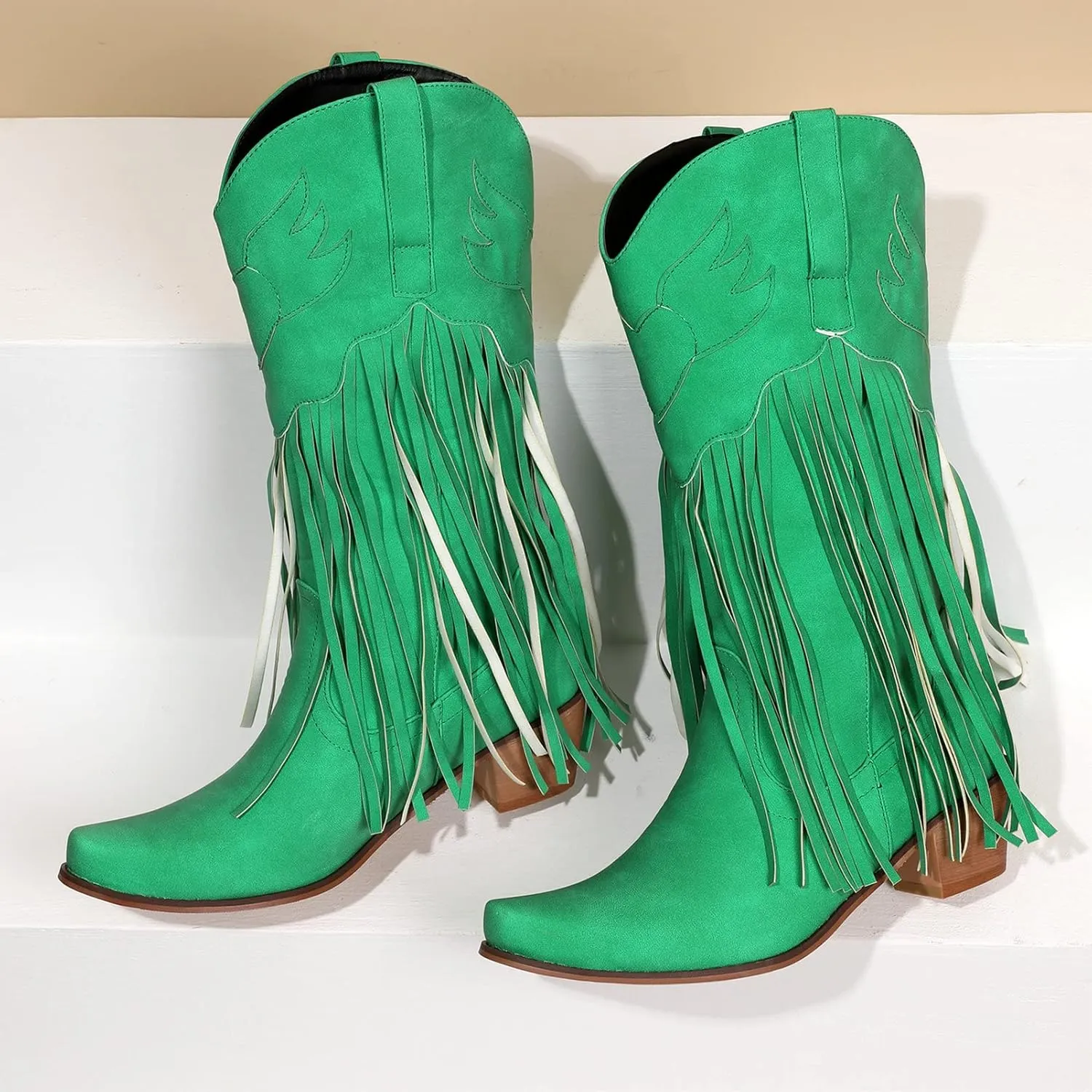 Meefit Women Fringe Cowboy Boots Square Toe Mid Calf Embroidered Western Boots,Tassel Cowgirl Boots Stacked Heel Retro Boots