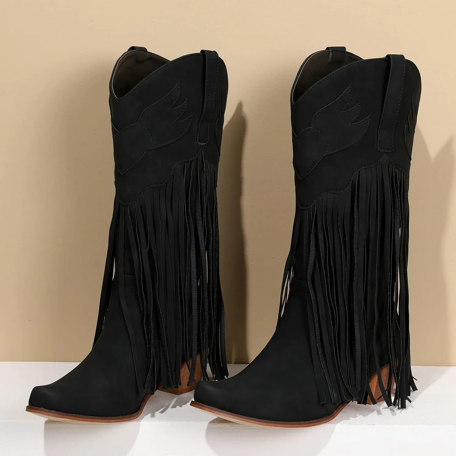 Meefit Women Fringe Cowboy Boots Square Toe Mid Calf Embroidered Western Boots,Tassel Cowgirl Boots Stacked Heel Retro Boots