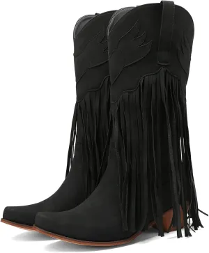 Meefit Women Fringe Cowboy Boots Square Toe Mid Calf Embroidered Western Boots,Tassel Cowgirl Boots Stacked Heel Retro Boots