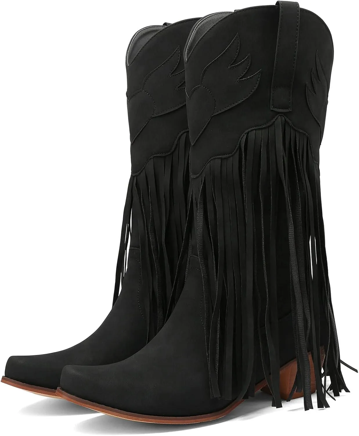 Meefit Women Fringe Cowboy Boots Square Toe Mid Calf Embroidered Western Boots,Tassel Cowgirl Boots Stacked Heel Retro Boots