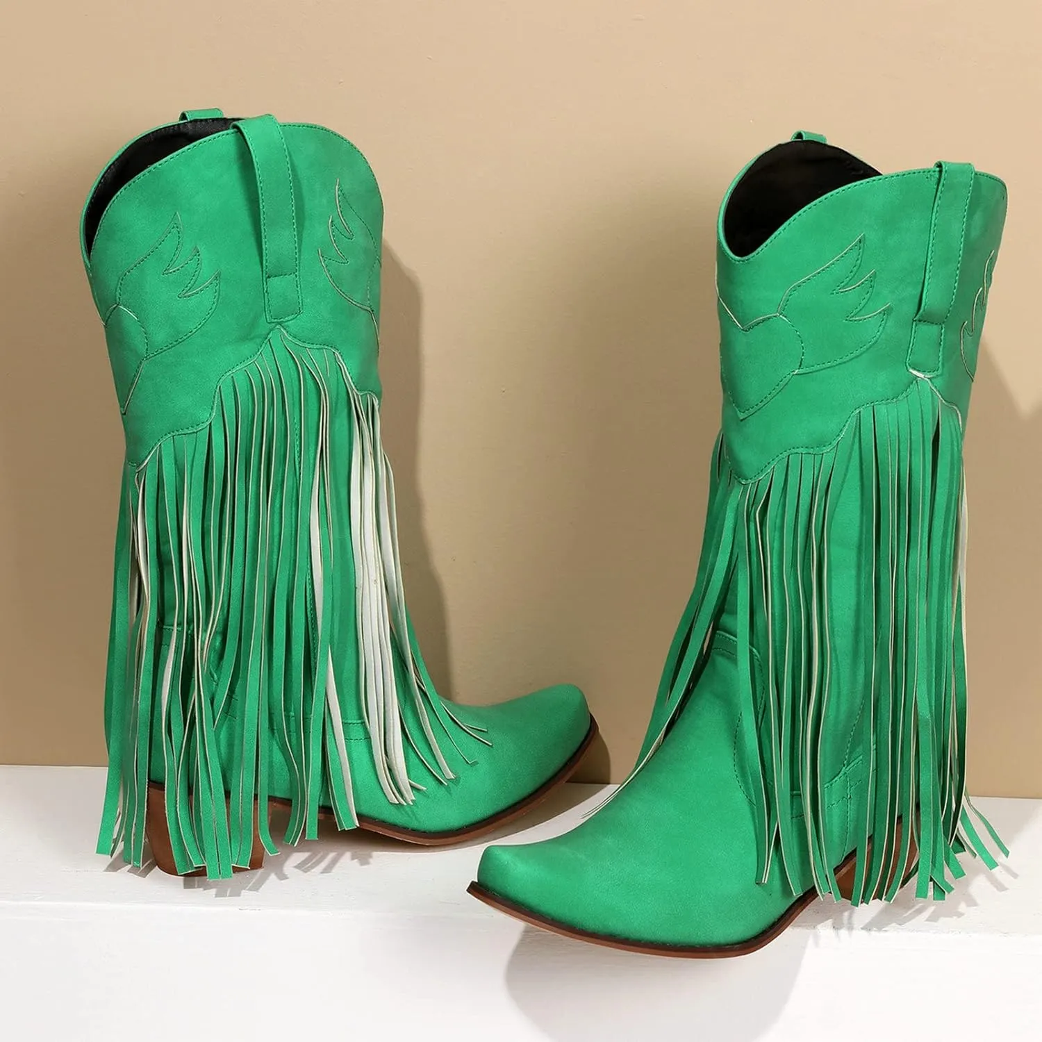 Meefit Women Fringe Cowboy Boots Square Toe Mid Calf Embroidered Western Boots,Tassel Cowgirl Boots Stacked Heel Retro Boots