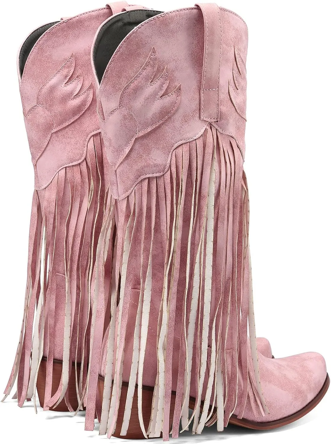 Meefit Women Fringe Cowboy Boots Square Toe Mid Calf Embroidered Western Boots,Tassel Cowgirl Boots Stacked Heel Retro Boots