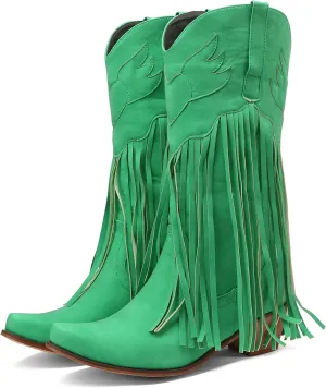 Meefit Women Fringe Cowboy Boots Square Toe Mid Calf Embroidered Western Boots,Tassel Cowgirl Boots Stacked Heel Retro Boots