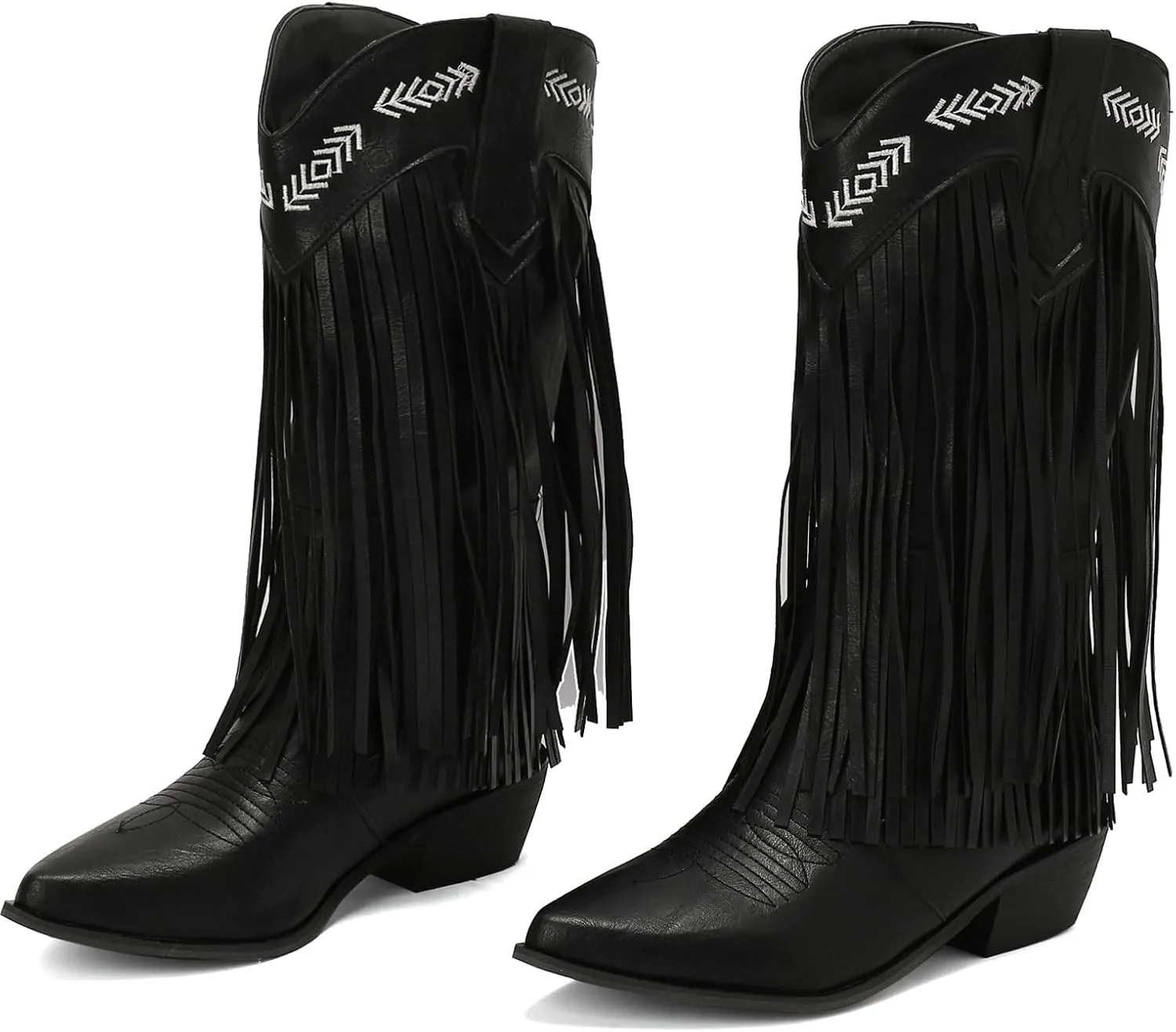 Meefit Women Fringe Cowboy Boots Square Toe Mid Calf Embroidered Western Boots,Tassel Cowgirl Boots Stacked Heel Retro Boots