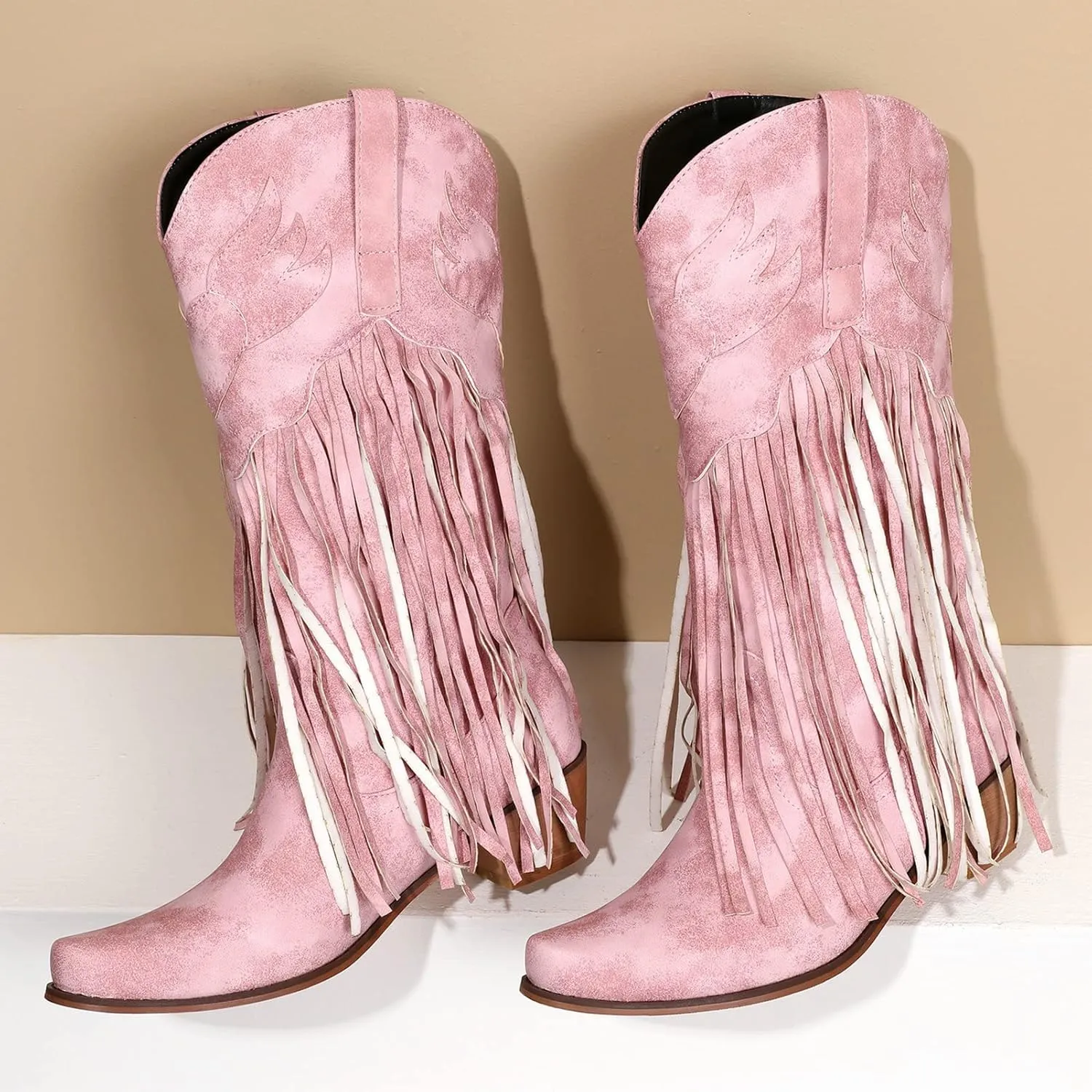 Meefit Women Fringe Cowboy Boots Square Toe Mid Calf Embroidered Western Boots,Tassel Cowgirl Boots Stacked Heel Retro Boots