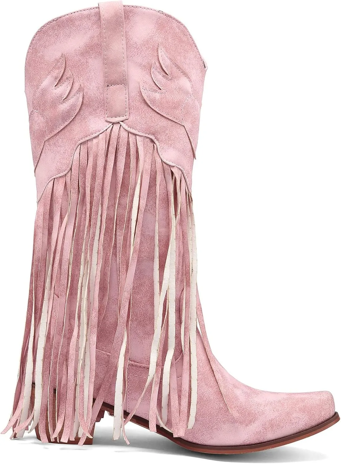 Meefit Women Fringe Cowboy Boots Square Toe Mid Calf Embroidered Western Boots,Tassel Cowgirl Boots Stacked Heel Retro Boots