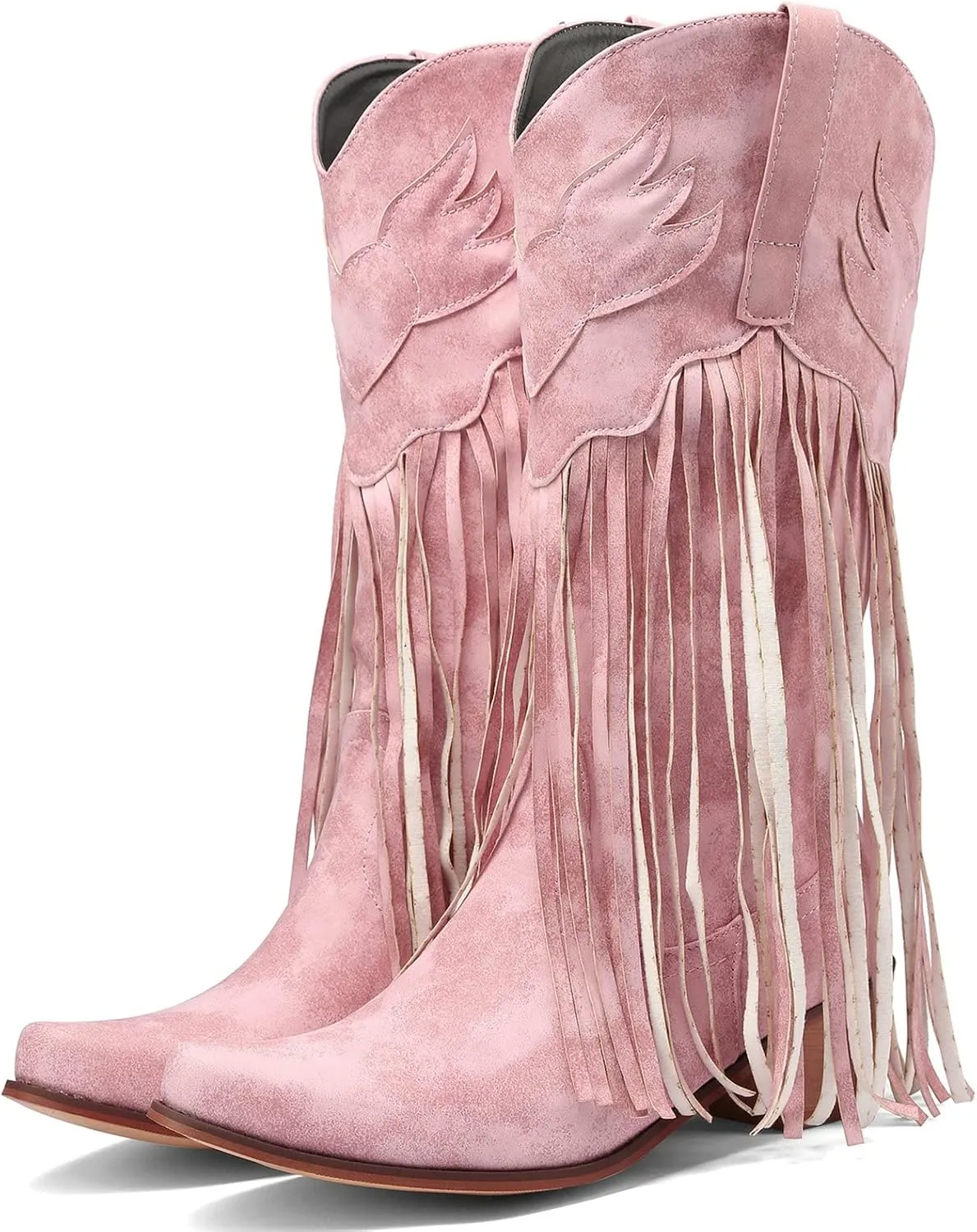 Meefit Women Fringe Cowboy Boots Square Toe Mid Calf Embroidered Western Boots,Tassel Cowgirl Boots Stacked Heel Retro Boots