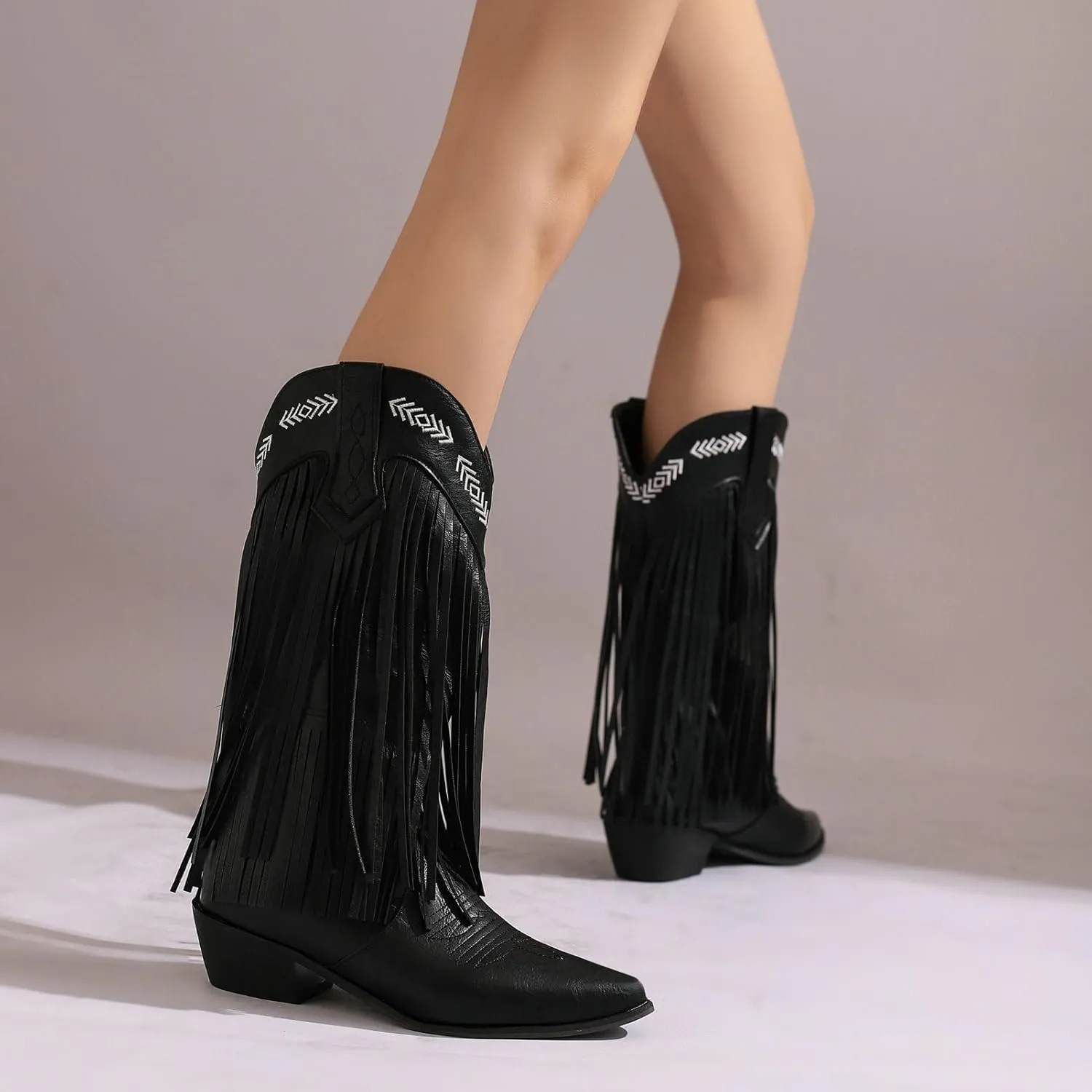 Meefit Women Fringe Cowboy Boots Square Toe Mid Calf Embroidered Western Boots,Tassel Cowgirl Boots Stacked Heel Retro Boots