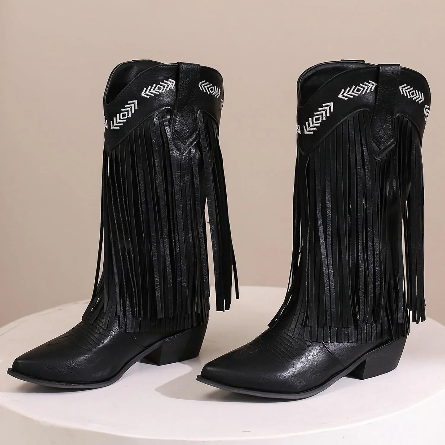 Meefit Women Fringe Cowboy Boots Square Toe Mid Calf Embroidered Western Boots,Tassel Cowgirl Boots Stacked Heel Retro Boots