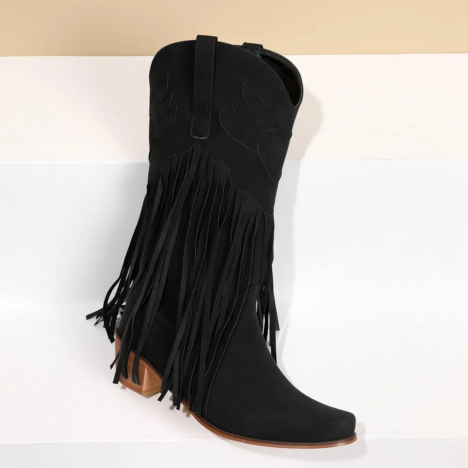 Meefit Women Fringe Cowboy Boots Square Toe Mid Calf Embroidered Western Boots,Tassel Cowgirl Boots Stacked Heel Retro Boots