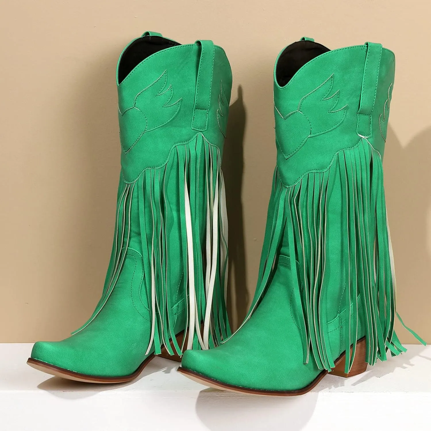 Meefit Women Fringe Cowboy Boots Square Toe Mid Calf Embroidered Western Boots,Tassel Cowgirl Boots Stacked Heel Retro Boots