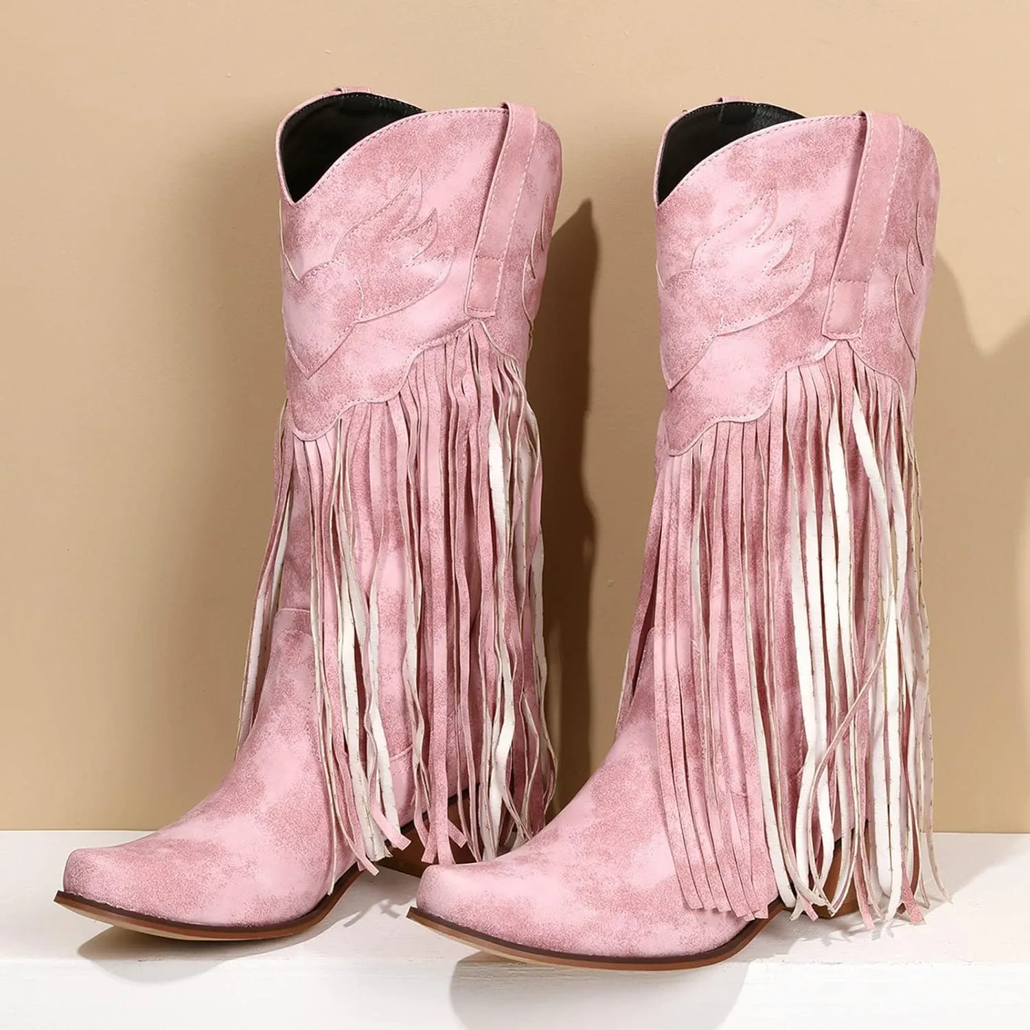 Meefit Women Fringe Cowboy Boots Square Toe Mid Calf Embroidered Western Boots,Tassel Cowgirl Boots Stacked Heel Retro Boots