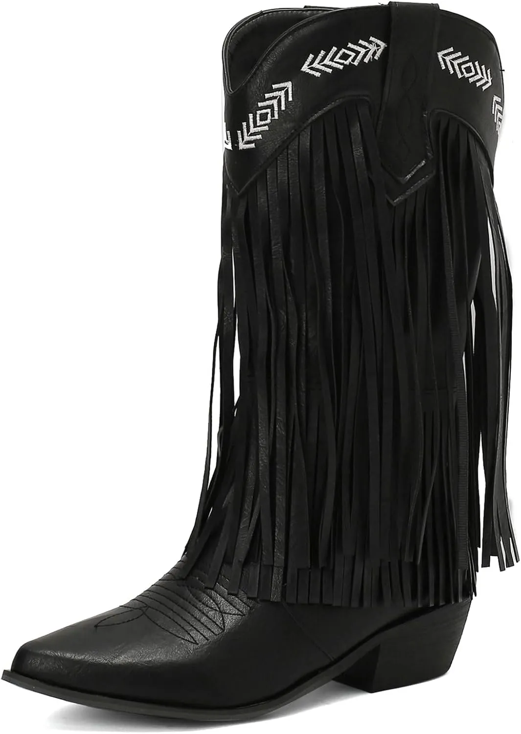Meefit Women Fringe Cowboy Boots Square Toe Mid Calf Embroidered Western Boots,Tassel Cowgirl Boots Stacked Heel Retro Boots