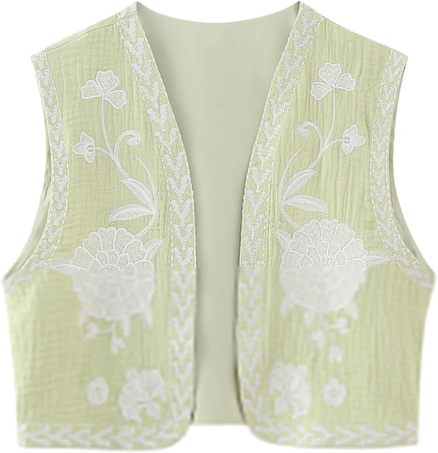 Meihuida Women Embroidered Vest Top Y2k Vintage Open Front Floral Boho Cropped Waistcoat