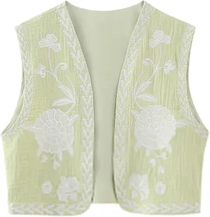 Meihuida Women Embroidered Vest Top Y2k Vintage Open Front Floral Boho Cropped Waistcoat