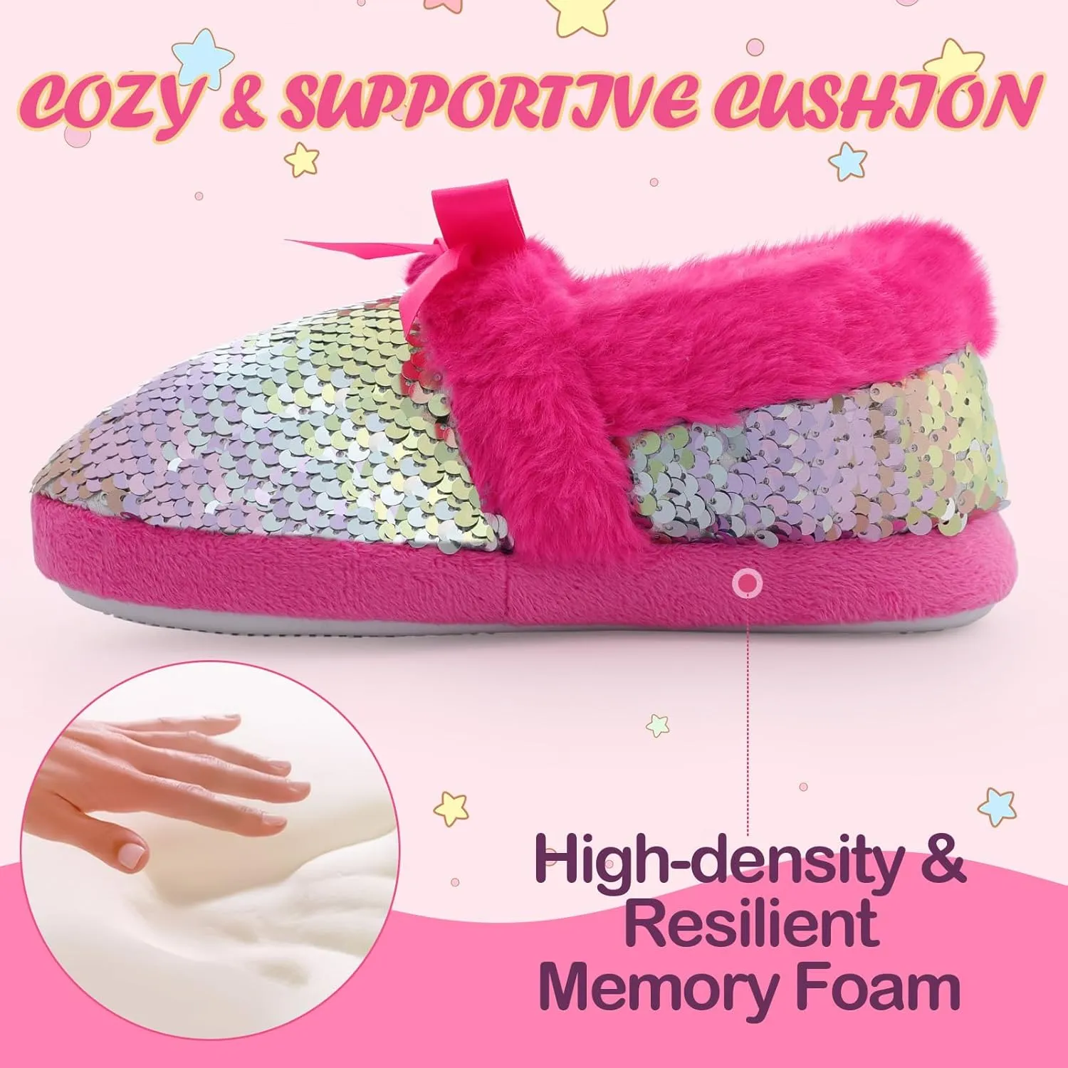 MEJORMEN Girls Mermaid House Slippers Cozy Plush Anti-Skid Indoor Outdoor House Shoes Glitter Bedroom Slippers for Toddler Kid