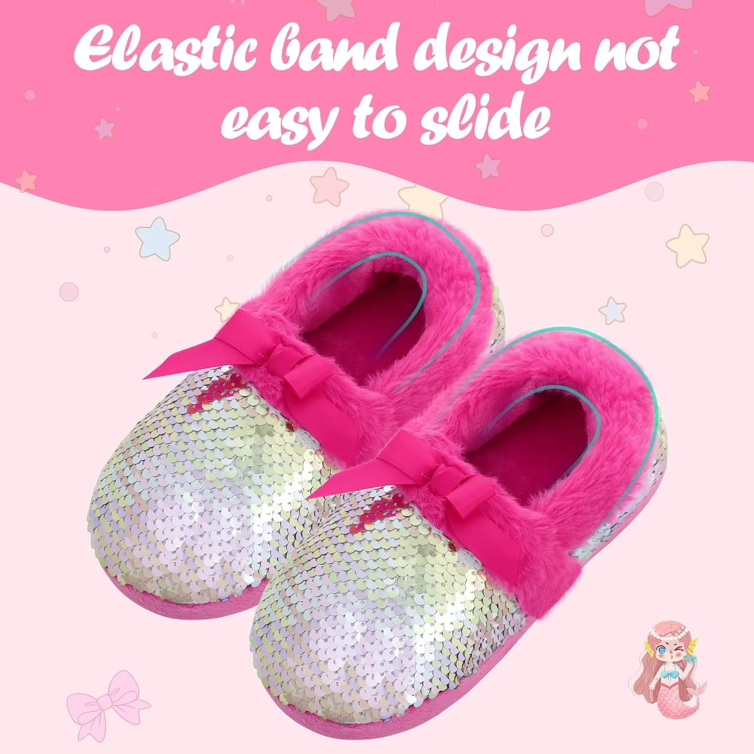MEJORMEN Girls Mermaid House Slippers Cozy Plush Anti-Skid Indoor Outdoor House Shoes Glitter Bedroom Slippers for Toddler Kid