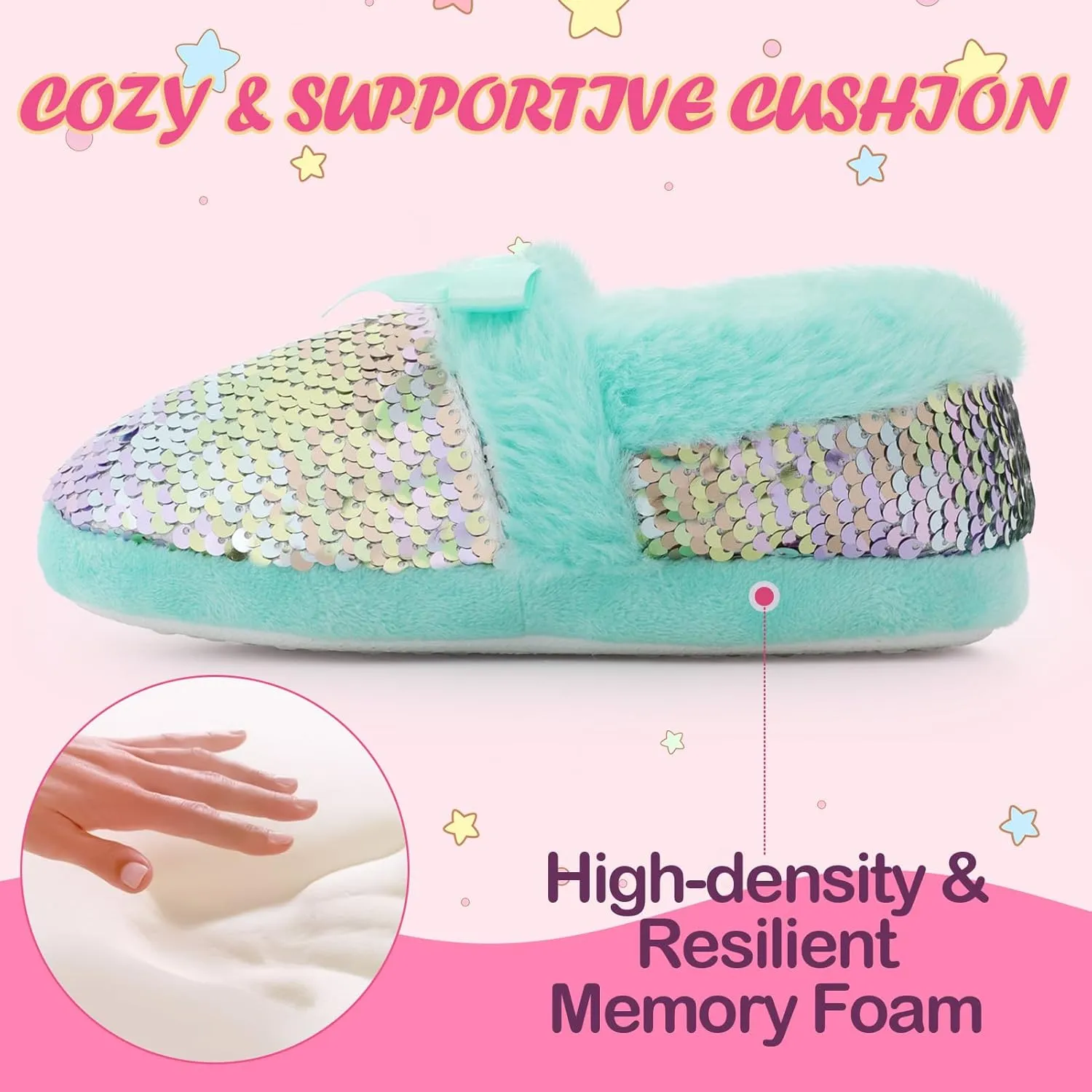 MEJORMEN Girls Mermaid House Slippers Cozy Plush Anti-Skid Indoor Outdoor House Shoes Glitter Bedroom Slippers for Toddler Kid