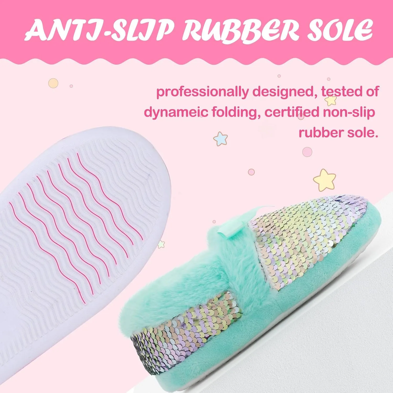 MEJORMEN Girls Mermaid House Slippers Cozy Plush Anti-Skid Indoor Outdoor House Shoes Glitter Bedroom Slippers for Toddler Kid