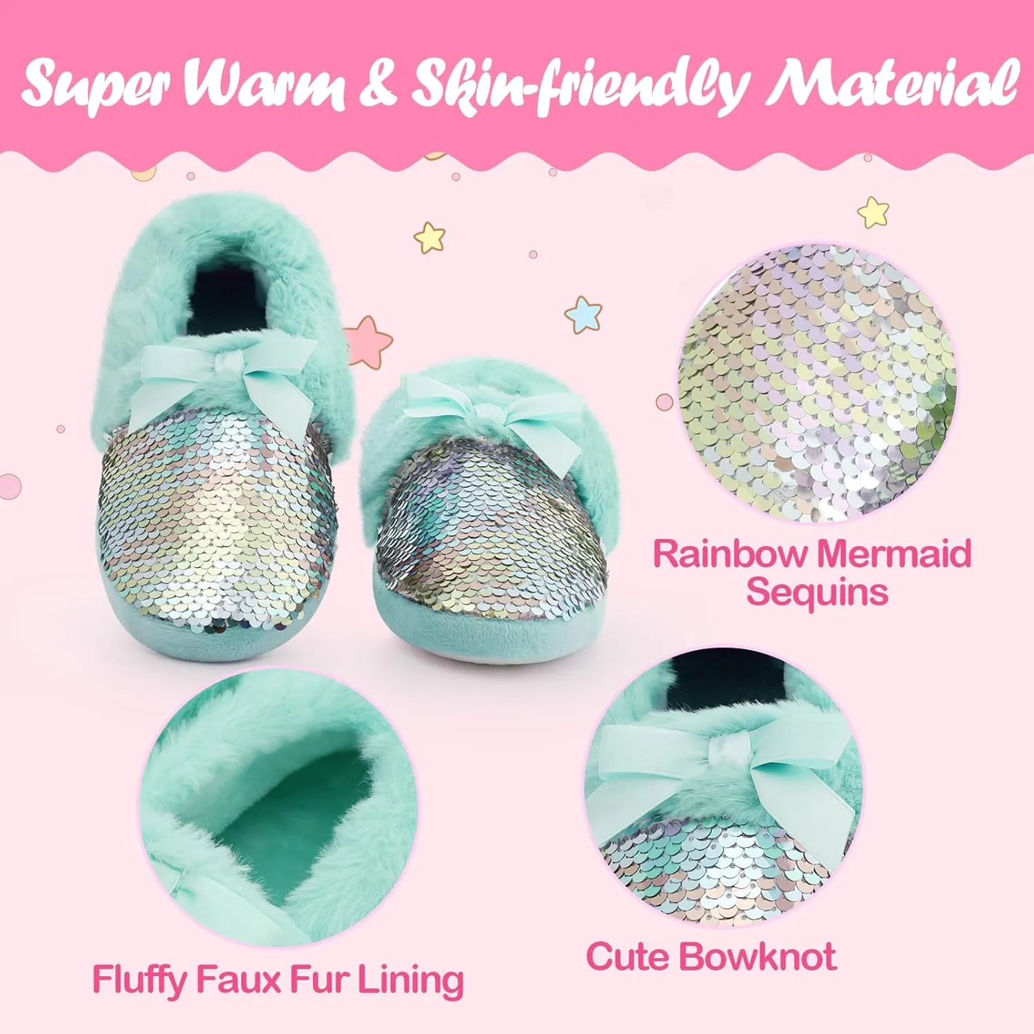 MEJORMEN Girls Mermaid House Slippers Cozy Plush Anti-Skid Indoor Outdoor House Shoes Glitter Bedroom Slippers for Toddler Kid