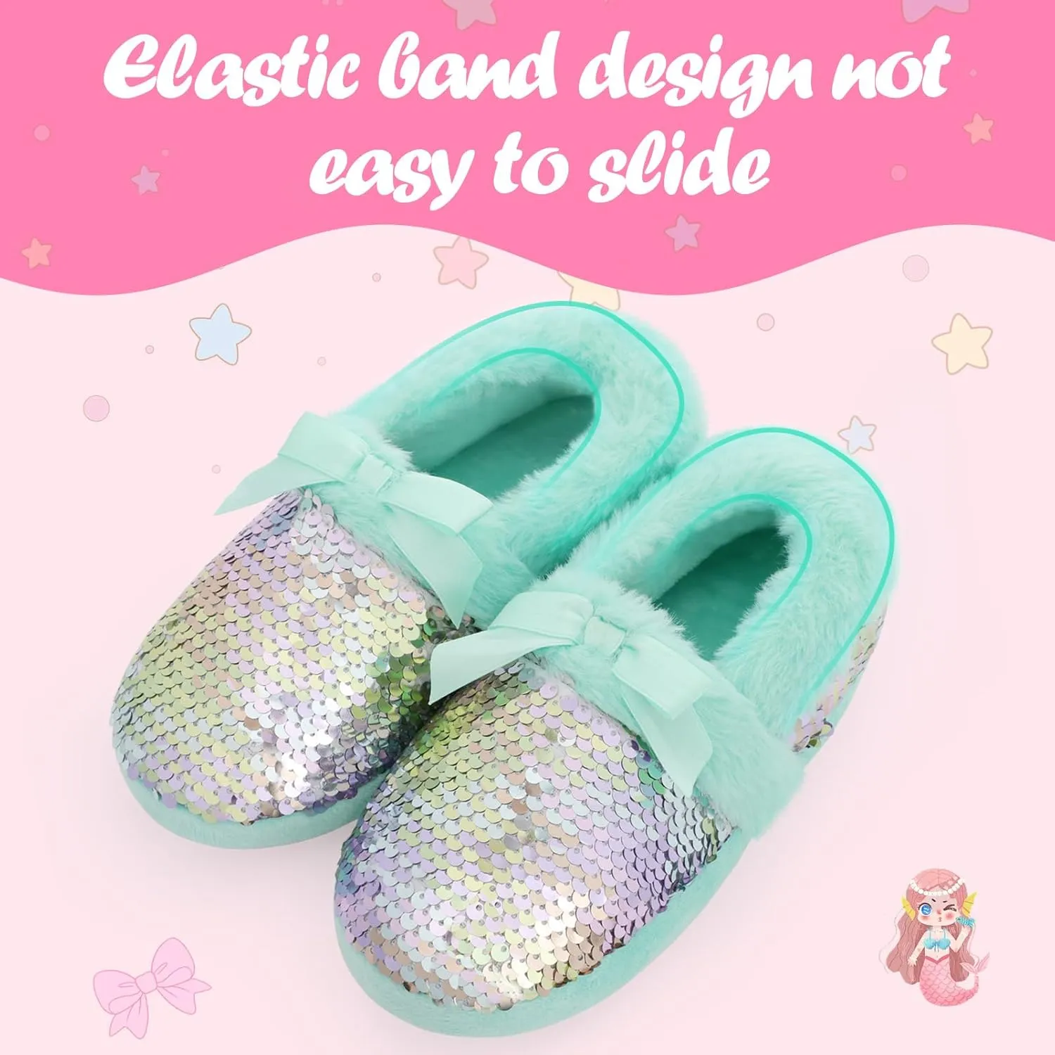 MEJORMEN Girls Mermaid House Slippers Cozy Plush Anti-Skid Indoor Outdoor House Shoes Glitter Bedroom Slippers for Toddler Kid