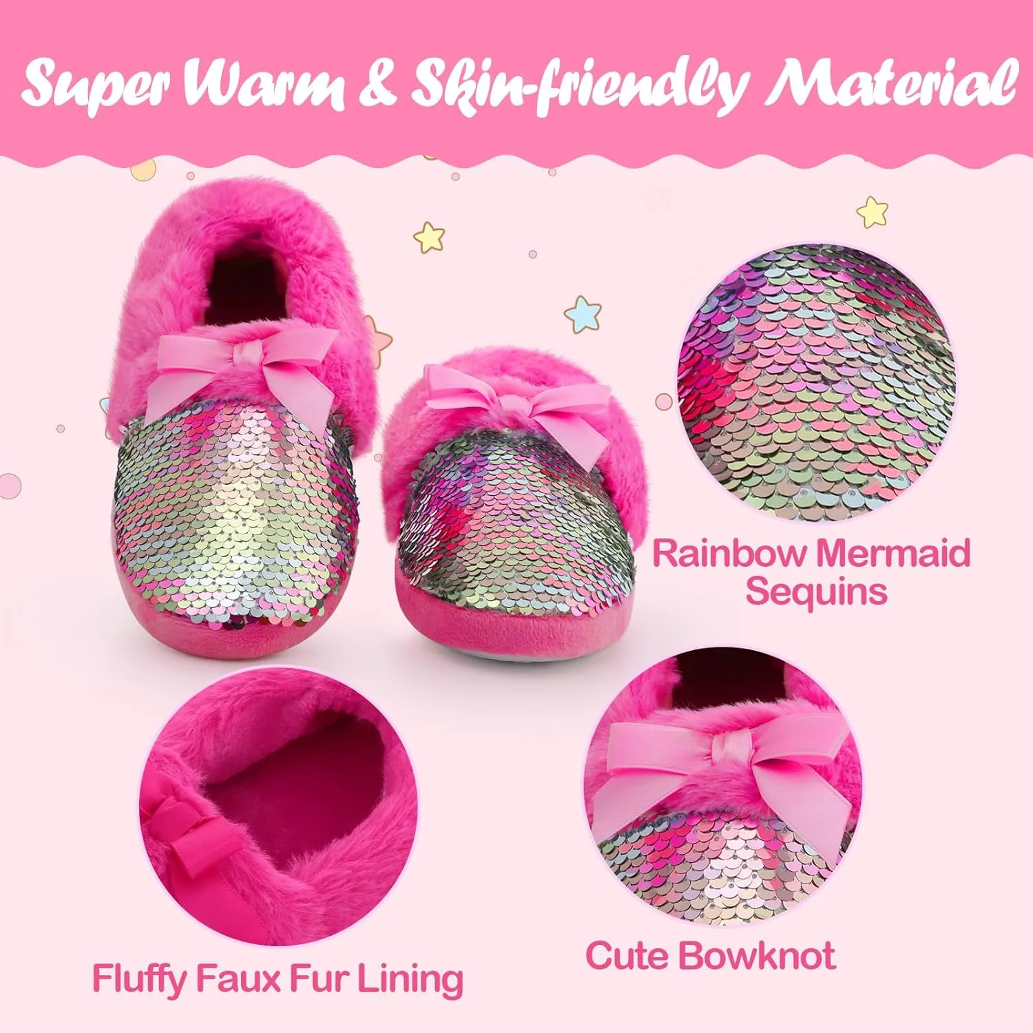 MEJORMEN Girls Mermaid House Slippers Cozy Plush Anti-Skid Indoor Outdoor House Shoes Glitter Bedroom Slippers for Toddler Kid