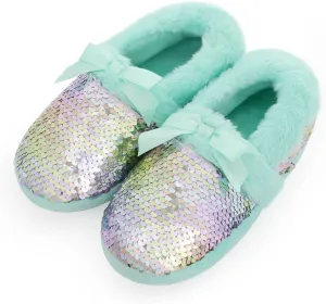 MEJORMEN Girls Mermaid House Slippers Cozy Plush Anti-Skid Indoor Outdoor House Shoes Glitter Bedroom Slippers for Toddler Kid