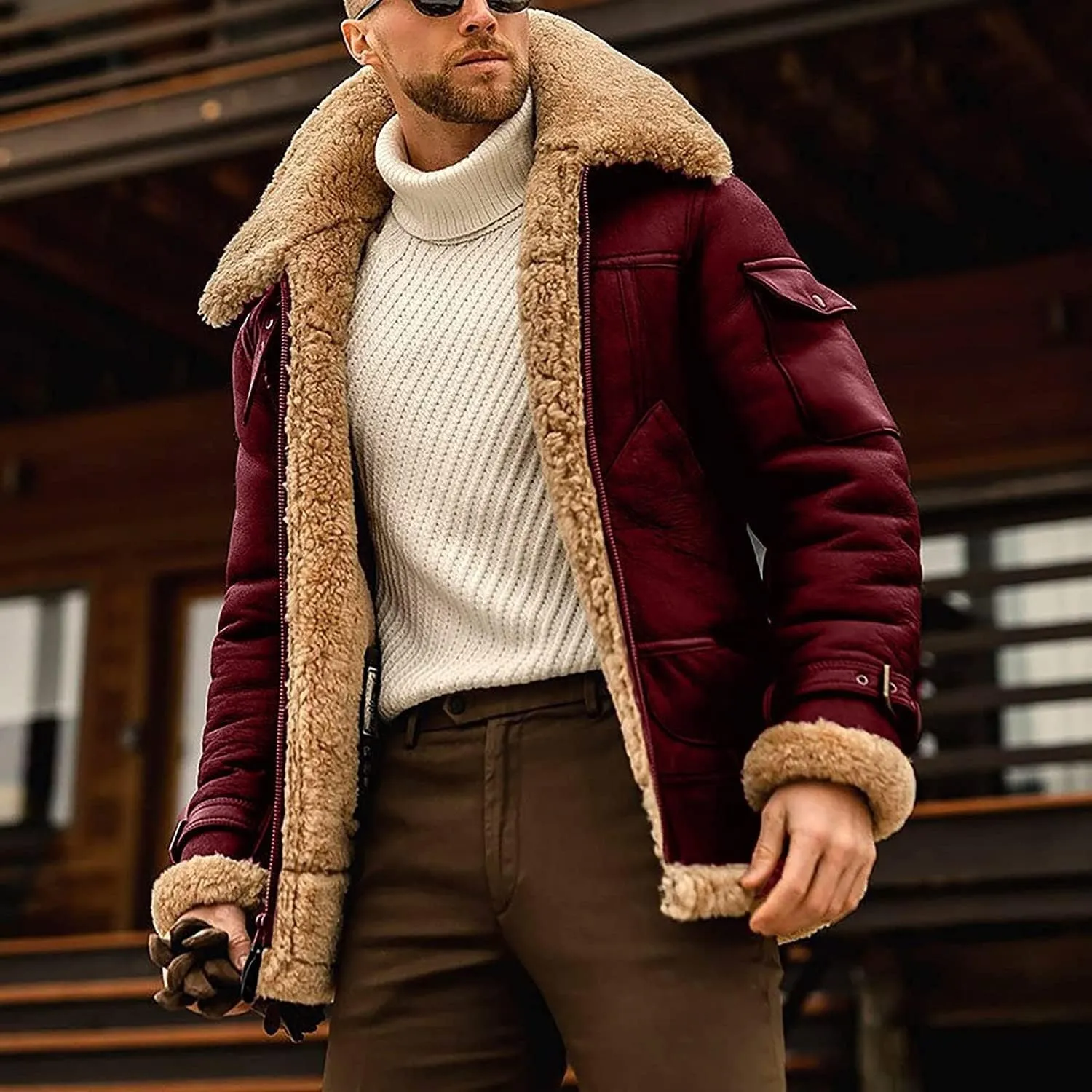 Men Casual Winter Thicken Zipper Patchwork Jacket Coats Bomber Aviators, Sheepskin Leather Jacket