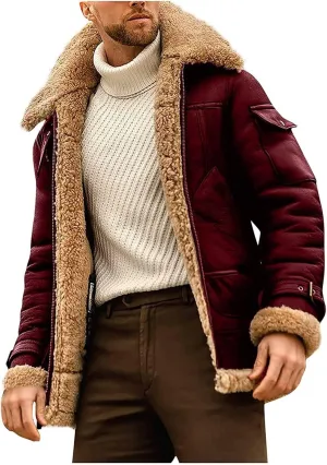 Men Casual Winter Thicken Zipper Patchwork Jacket Coats Bomber Aviators, Sheepskin Leather Jacket