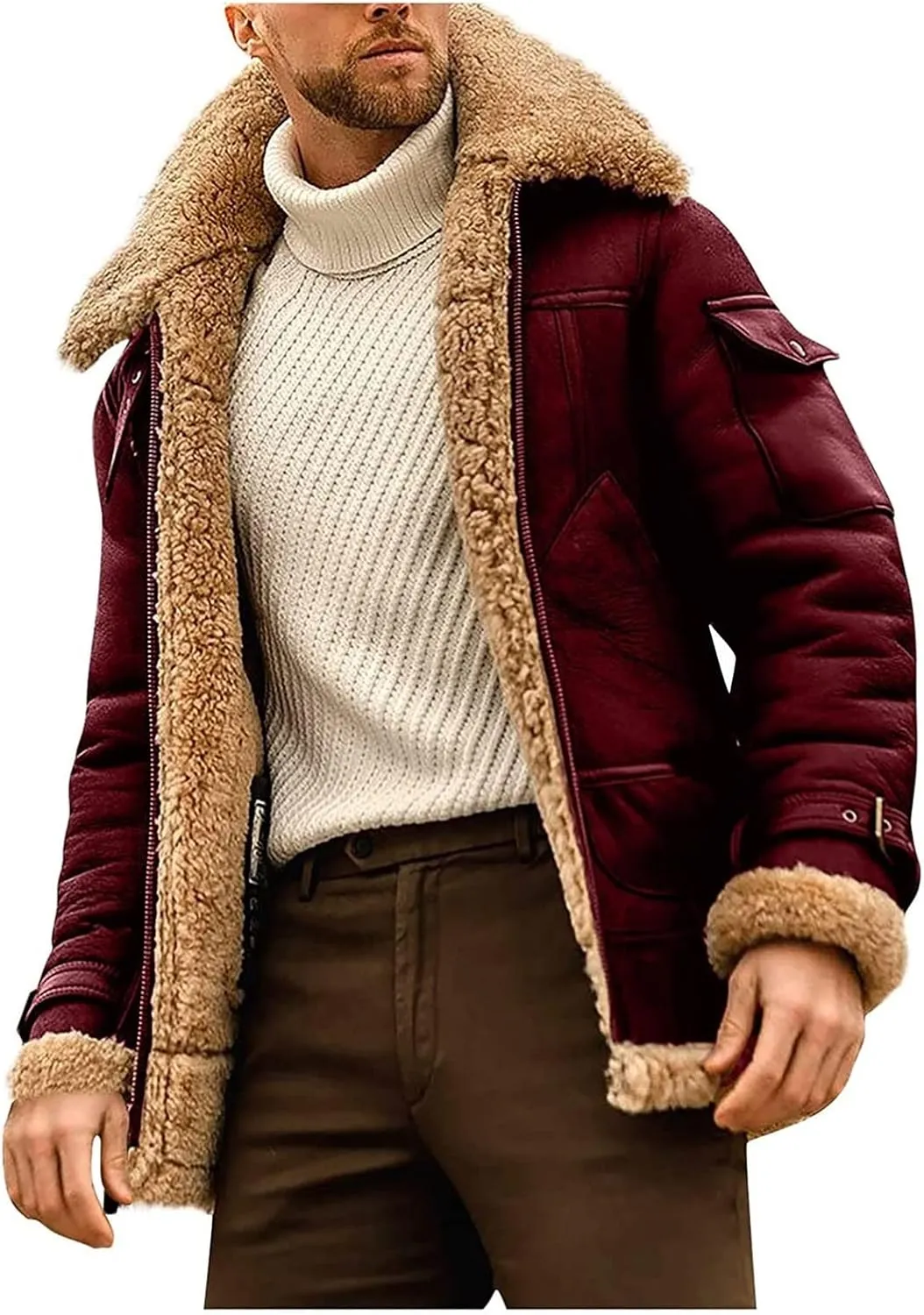 Men Casual Winter Thicken Zipper Patchwork Jacket Coats Bomber Aviators, Sheepskin Leather Jacket