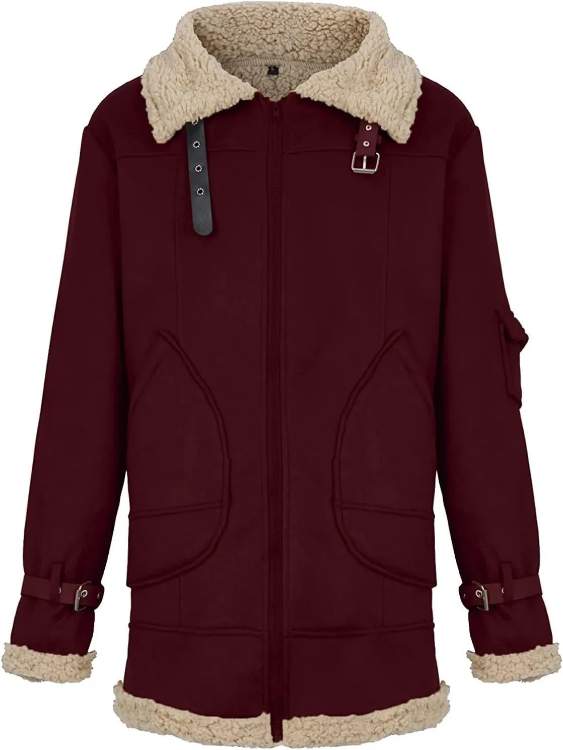 Men Casual Winter Thicken Zipper Patchwork Jacket Coats Bomber Aviators, Sheepskin Leather Jacket