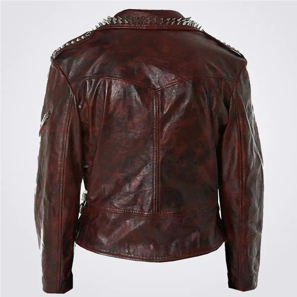 Men Full Red Waxed Punk Metallic Spiked Studded Zippered Leather Jacket