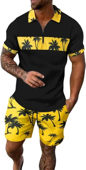 Men's 2 Piece Outfits Fashion Tropical Print Short Sleeve Tees Suit Button Down Hawaiian Shirt and Shorts Sets