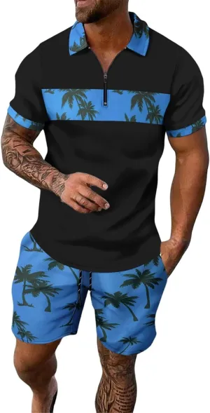 Men's 2 Piece Outfits Fashion Tropical Print Short Sleeve Tees Suit Button Down Hawaiian Shirt and Shorts Sets