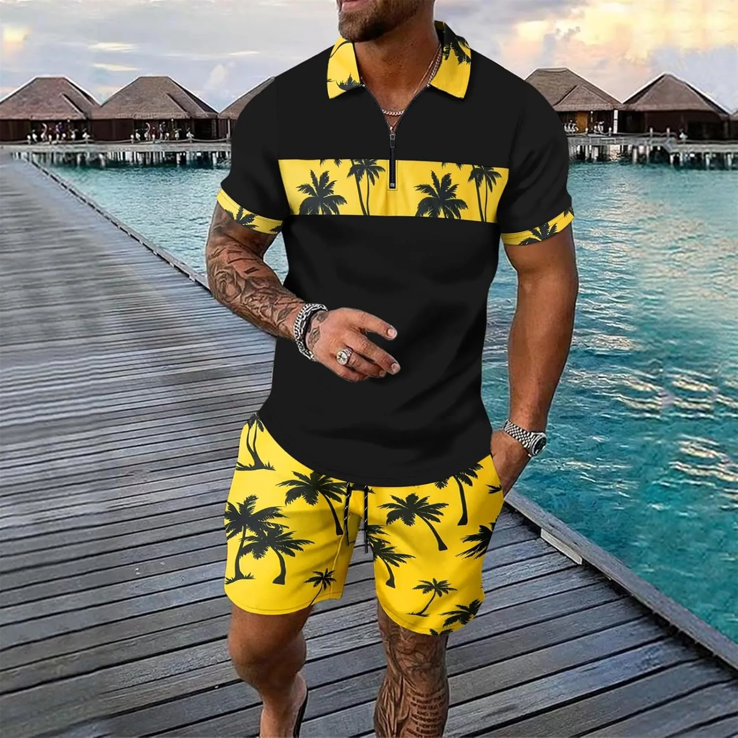 Men's 2 Piece Outfits Fashion Tropical Print Short Sleeve Tees Suit Button Down Hawaiian Shirt and Shorts Sets