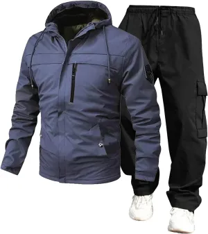 Men’s 2 Piece Tracksuit Windbreaker Sets Hooded Windproof Rain Jackets Hiking Work Pants Outfits with Multi Pockets