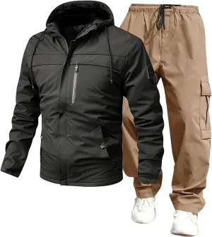 Men’s 2 Piece Tracksuit Windbreaker Sets Hooded Windproof Rain Jackets Hiking Work Pants Outfits with Multi Pockets