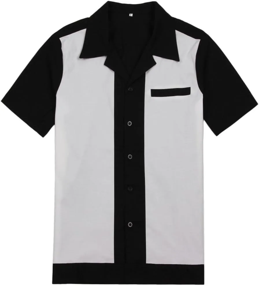 Men's 50s Male Clothing Rockabilly Style Casual Cotton Mens Shirts Short Sleeve Bowling Casual Button-Down Shirts