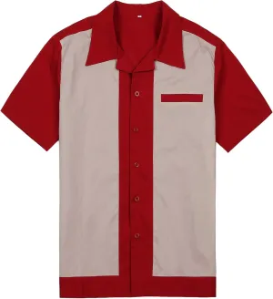 Men's 50s Male Clothing Rockabilly Style Casual Cotton Mens Shirts Short Sleeve Bowling Casual Button-Down Shirts
