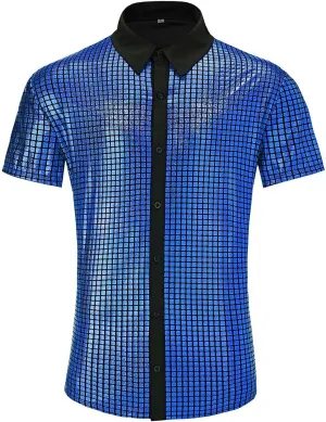Men's 70s Disco Outfits Shirt Sequin Short Sleeve Top Prom Costume Halloween Party