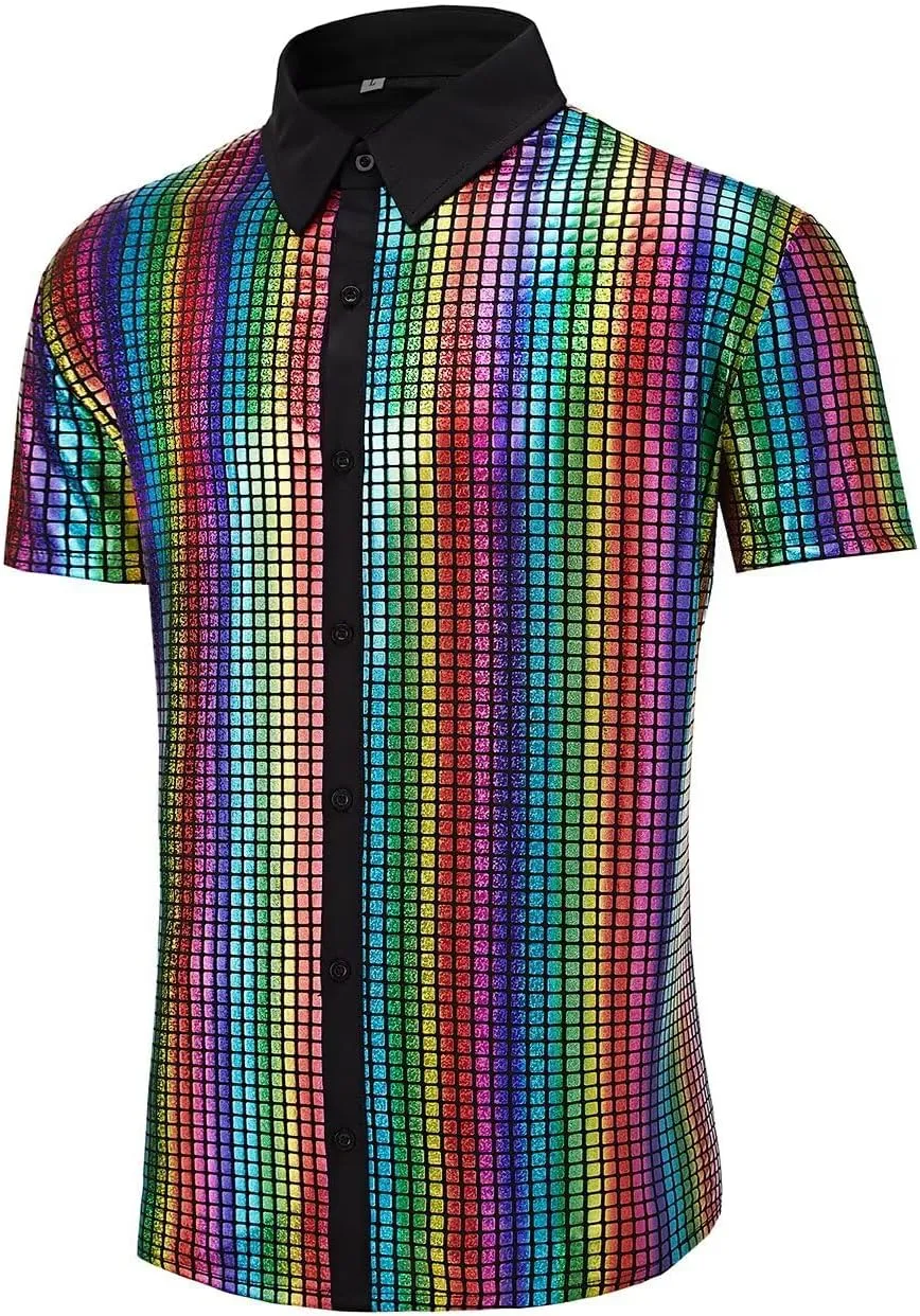 Men's 70s Disco Outfits Shirt Sequin Short Sleeve Top Prom Costume Halloween Party