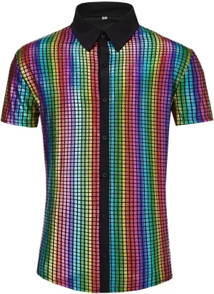 Men's 70s Disco Outfits Shirt Sequin Short Sleeve Top Prom Costume Halloween Party