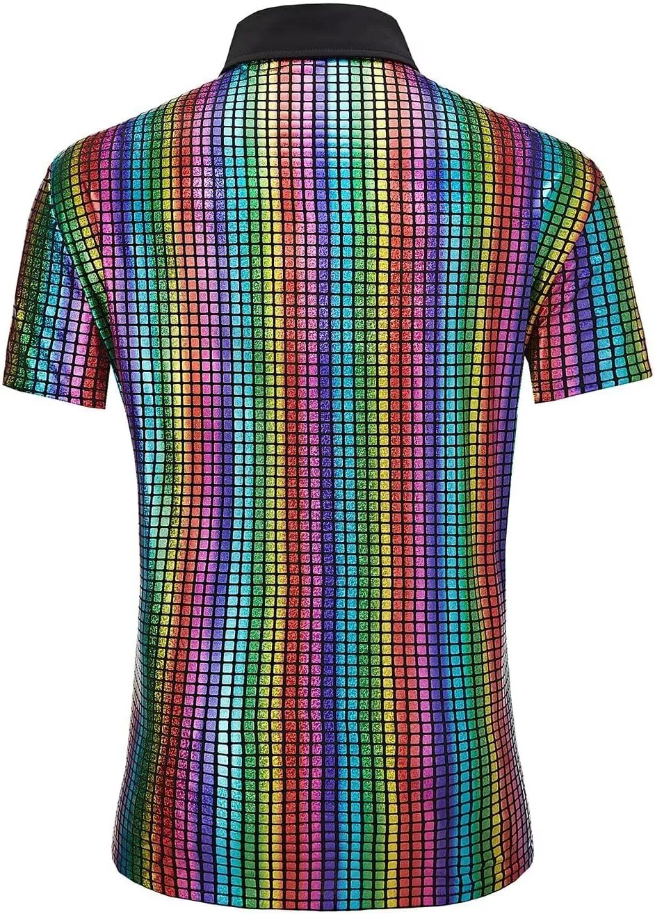 Men's 70s Disco Outfits Shirt Sequin Short Sleeve Top Prom Costume Halloween Party