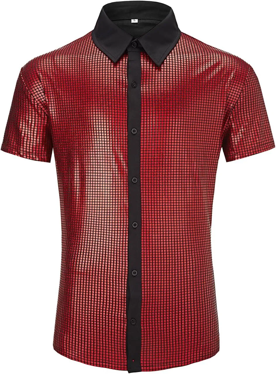 Men's 70s Disco Outfits Shirt Sequin Short Sleeve Top Prom Costume Halloween Party