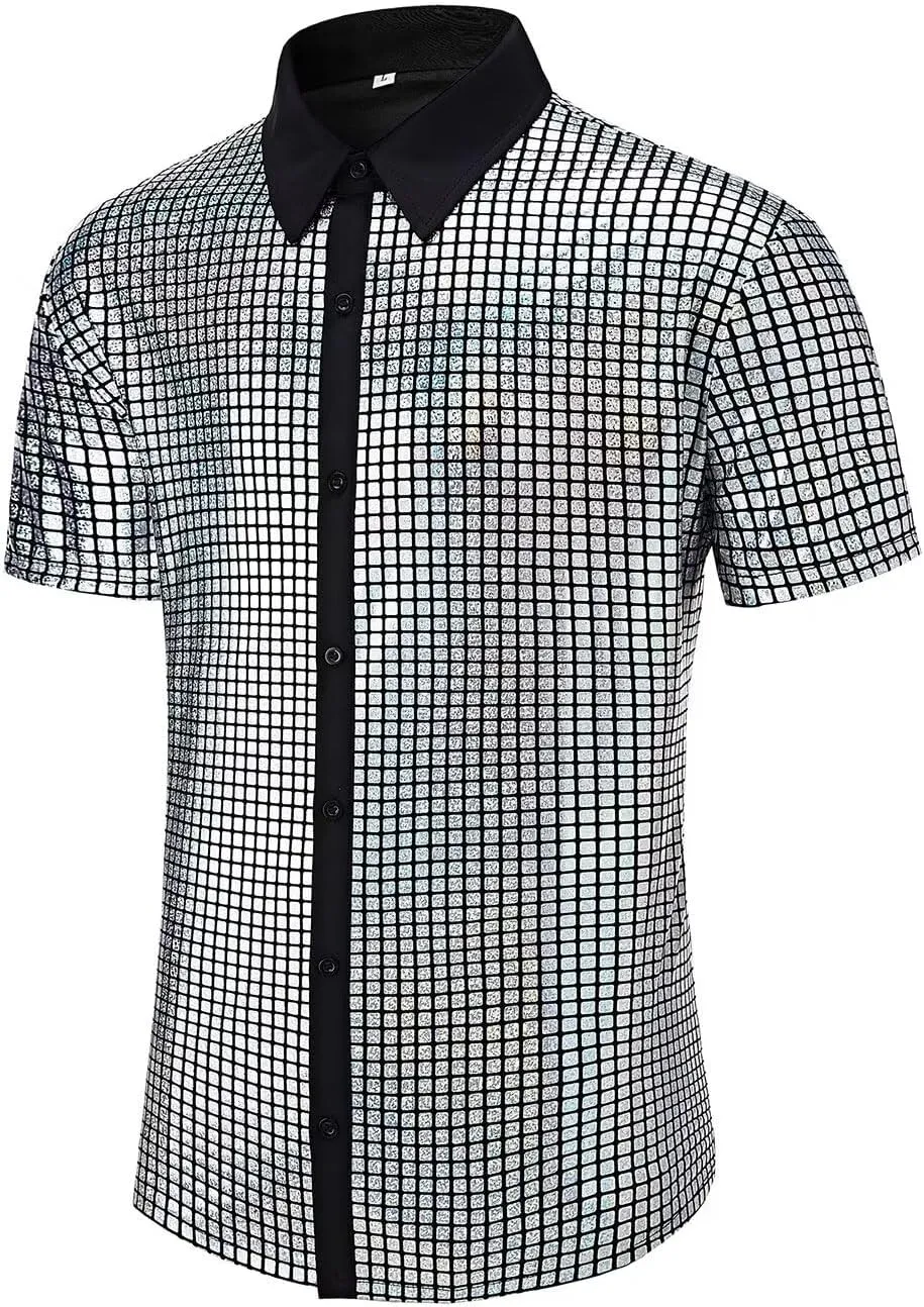 Men's 70s Disco Outfits Shirt Sequin Short Sleeve Top Prom Costume Halloween Party