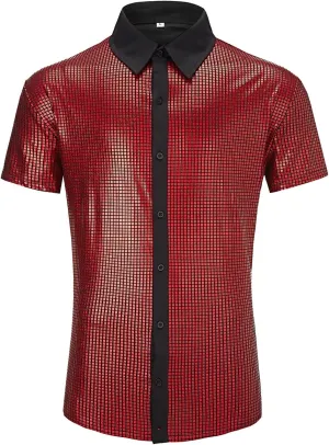 Men's 70s Disco Outfits Shirt Sequin Short Sleeve Top Prom Costume Halloween Party